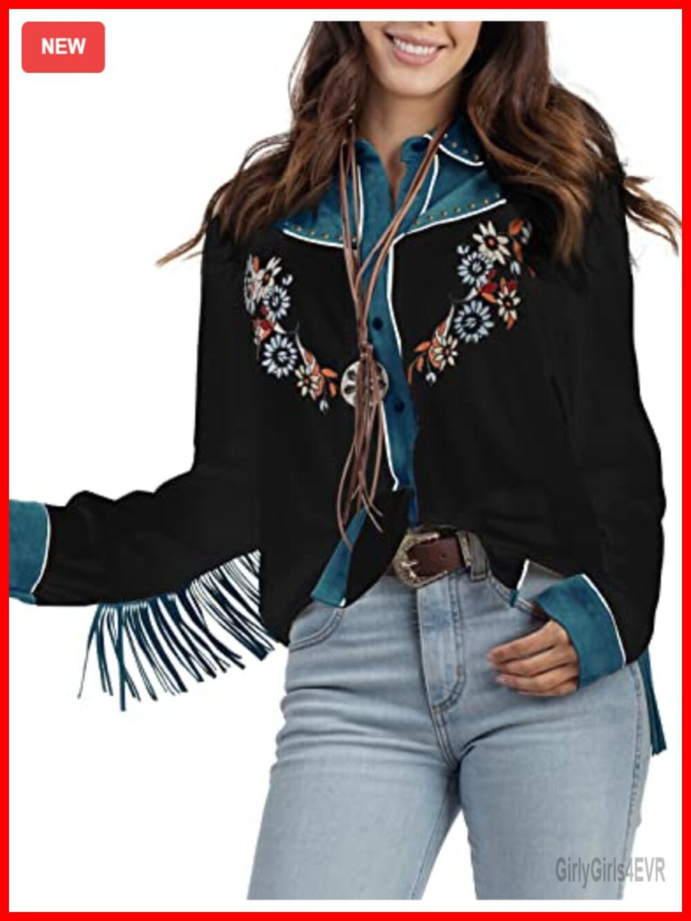 Western Embroidered Snap Shirt with Fringe for Concert